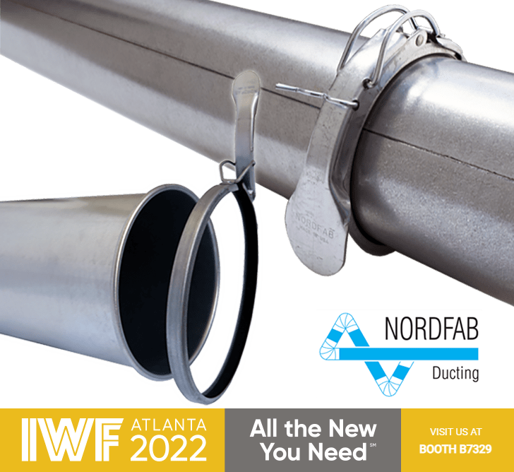 Nordfab Quick-Fit clamp together pipes and Nordfab logo with IWF tradeshow banner